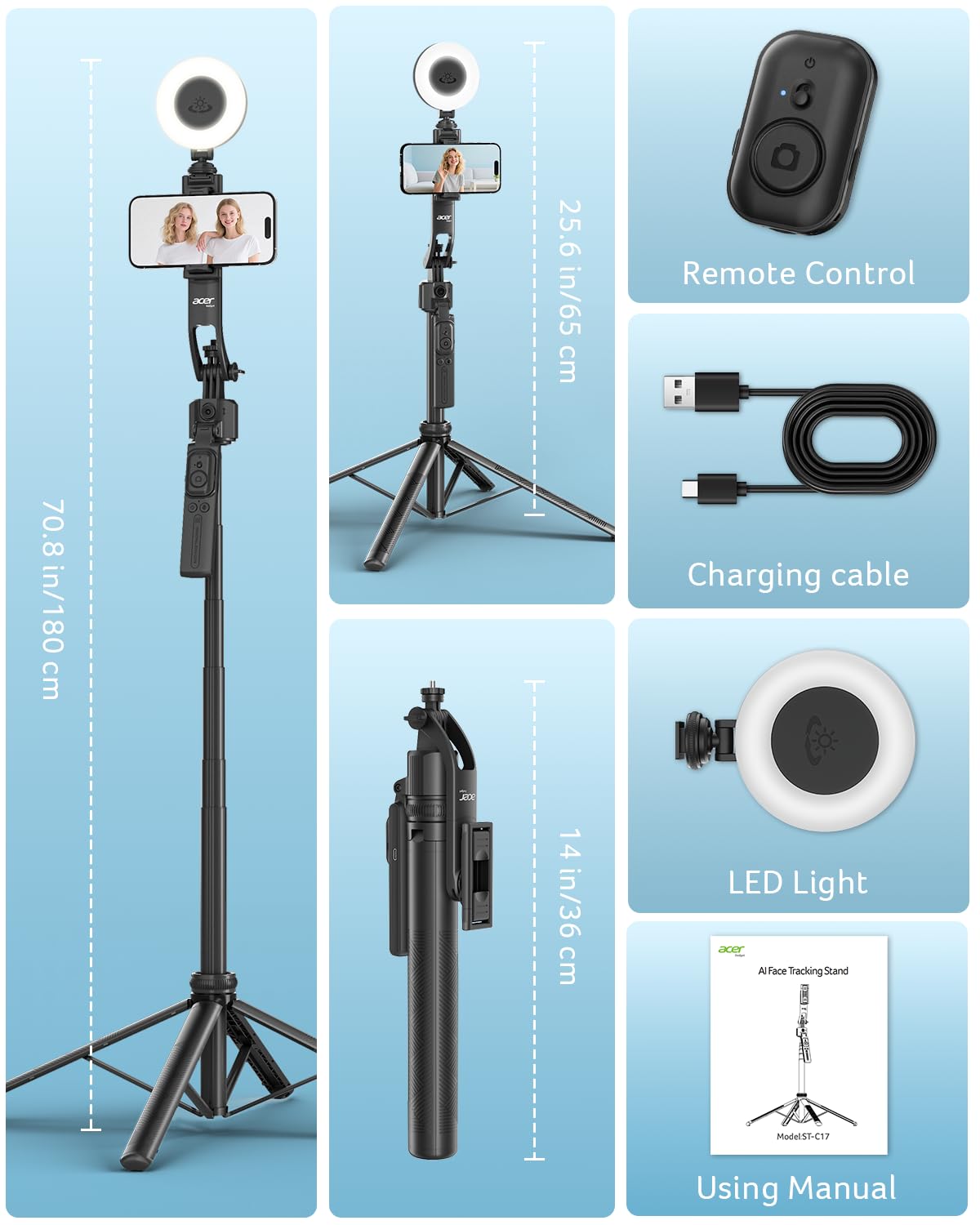 Acer Gadget Auto Face Tracking Tripod for iPhone/Cell Phone/Android/Camera with Light and Remote, 64", No App, 360°Rotating Tripod Selfie Stick for Tiktok YouTube Vlog Live Streaming Video Recording - Something DifferentacerB0F6Y6RXVN