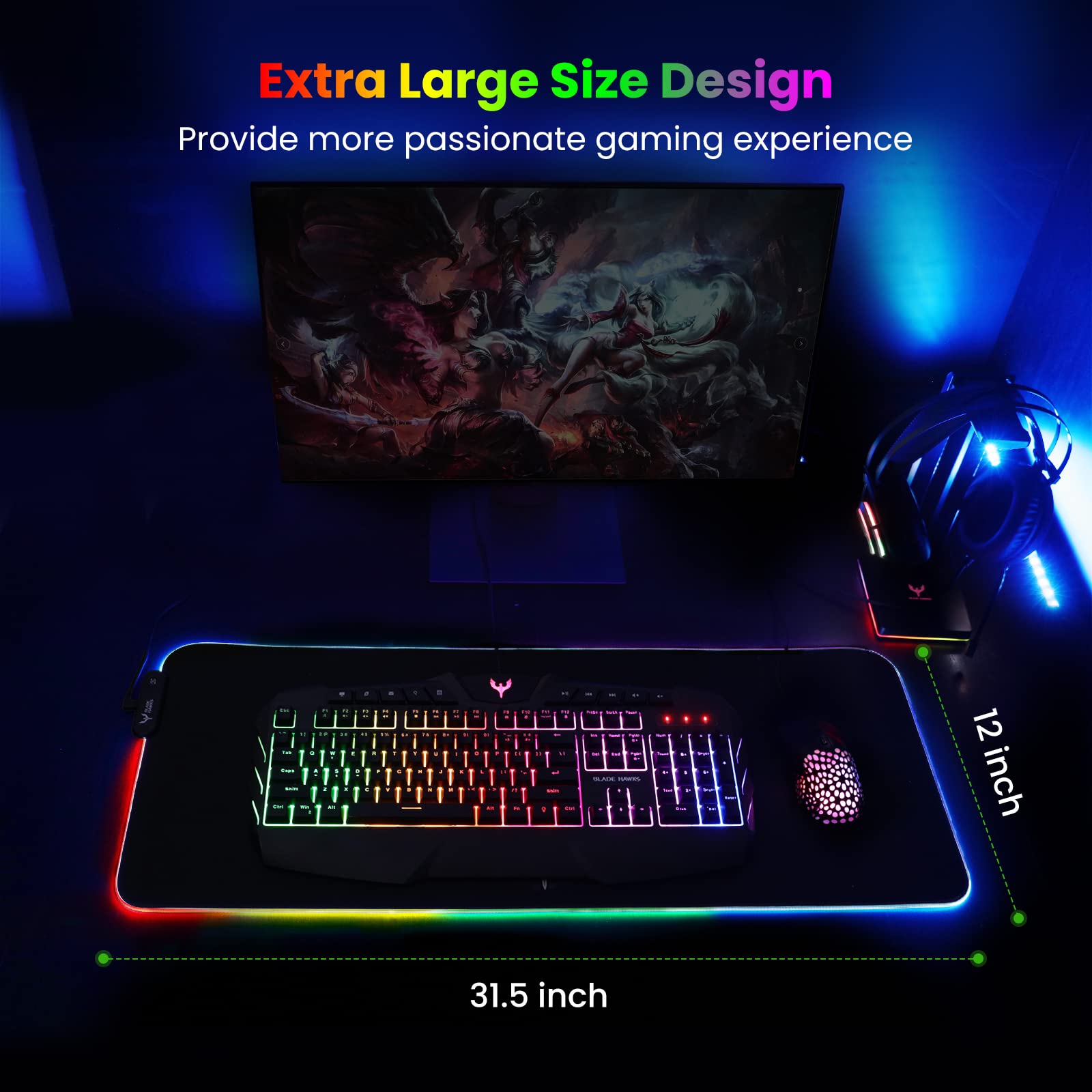BladeHawks Extra Large RGB Gaming Mouse Pad - 14 Light Modes, Extended Soft LED Mouse Pad, Anti - Slip Rubber Base, Computer Keyboard Mousepad Mat (31.5 x 12 Inch) - Something DifferentBladeHawksB07L4BGL3D