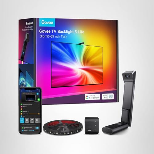 Govee TV Backlight 3 Lite with Fish - Eye Correction Function Sync to 55 - 65 Inch TVs, 11.8ft RGBICW Wi - Fi LED Strip Lights with Camera, 4 Colors in 1 Lamp Bead, Voice and APP Control, Adapter - Something DifferentGoveeB0CHS2BGHY