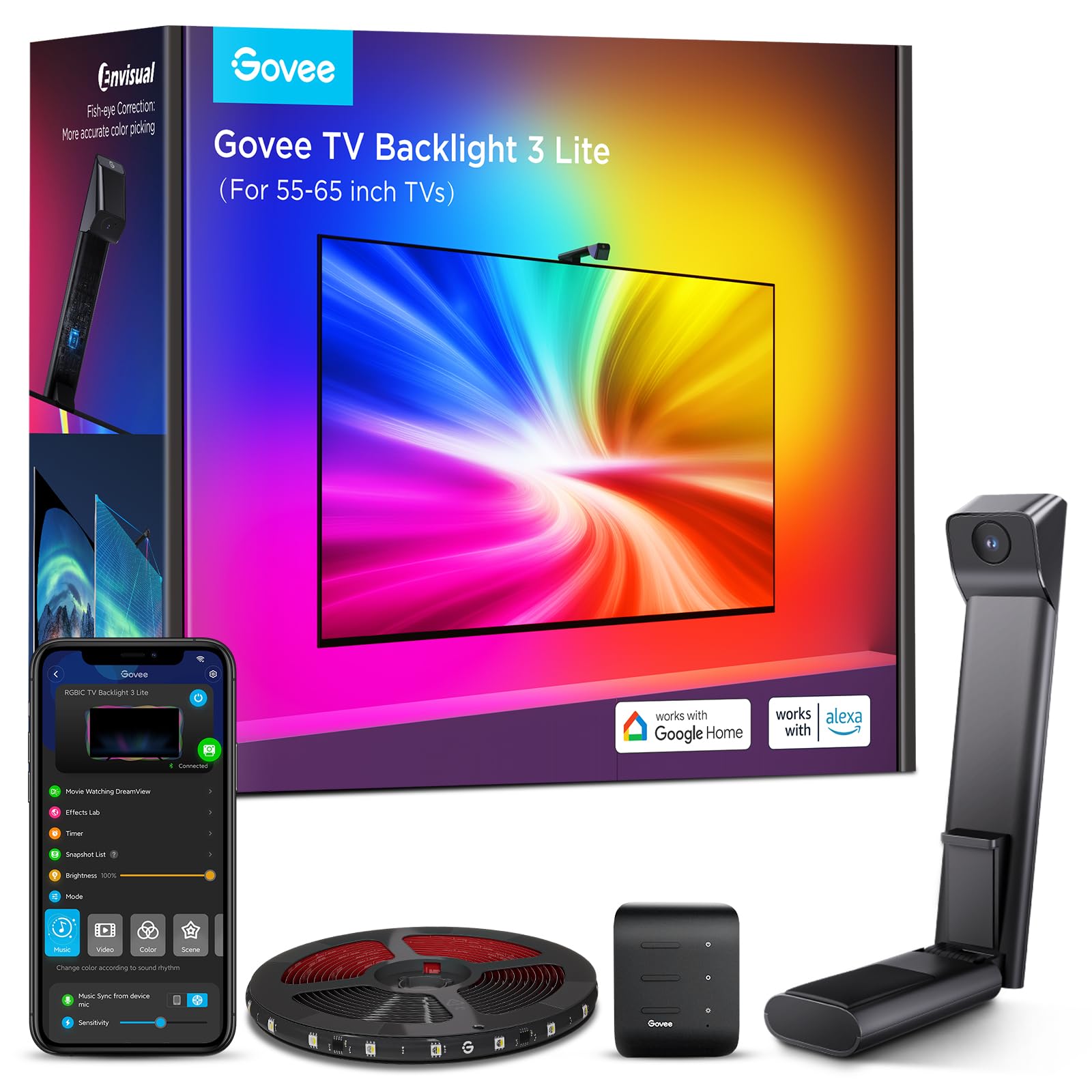 Govee TV Backlight 3 Lite with Fish - Eye Correction Function Sync to 55 - 65 Inch TVs, 11.8ft RGBICW Wi - Fi LED Strip Lights with Camera, 4 Colors in 1 Lamp Bead, Voice and APP Control, Adapter - Something DifferentGoveeB0CHS2BGHY