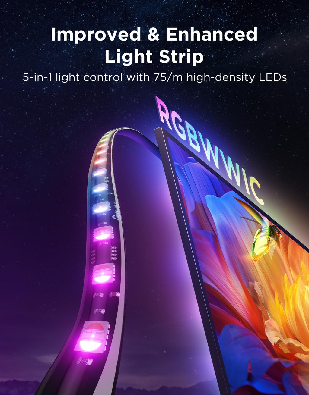 Govee TV Backlight 3 Pro with HDR Triple Camera, 11.8ft 5 - in - 1 RGBWWIC LED Strip Lights That Change with 55 - 65 Inch TVs, 75LEDs/m, Supports AI Filter, Smart App and Voice Control, DreamView Sync - Something DifferentGoveeB0FJR9LKBQ