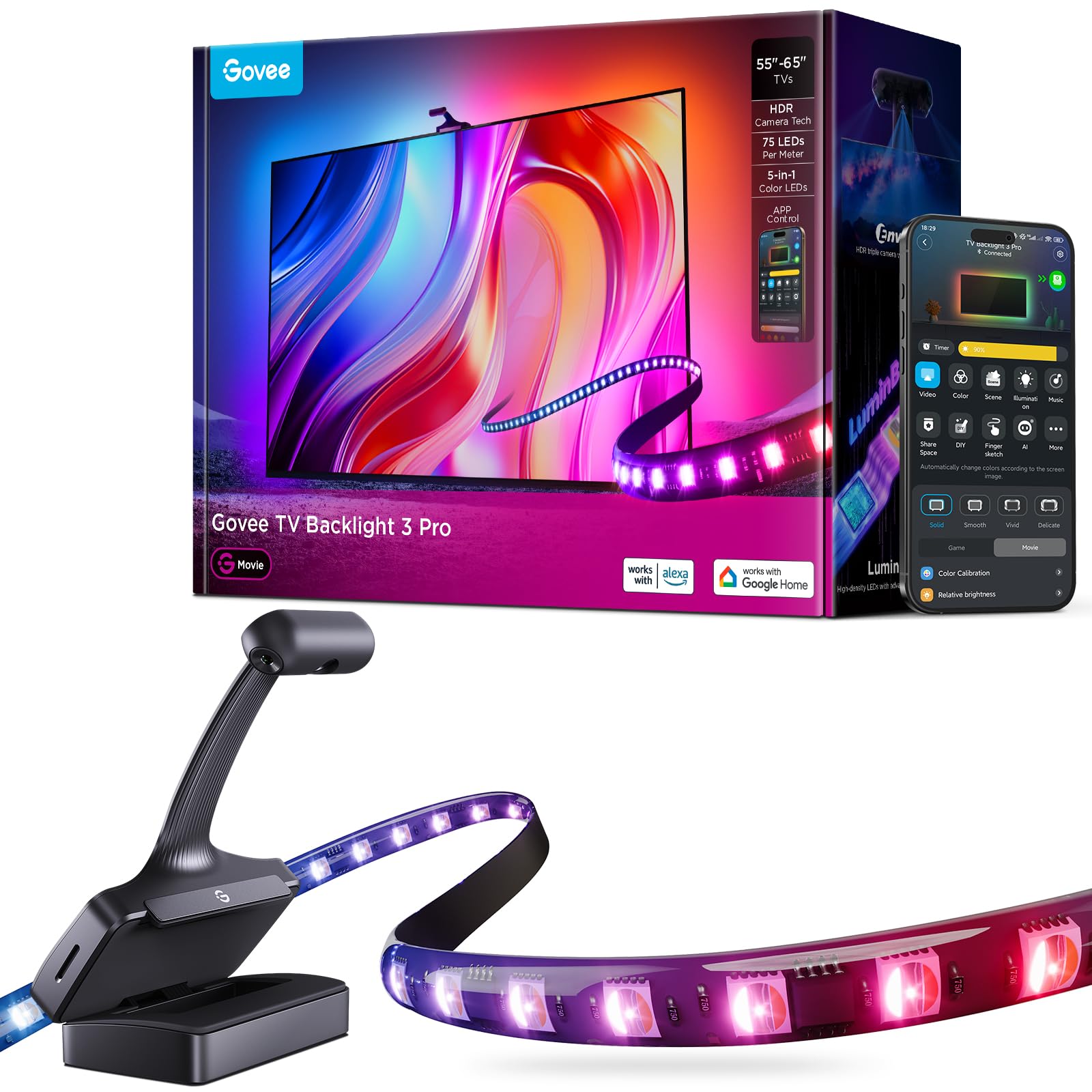 Govee TV Backlight 3 Pro with HDR Triple Camera, 11.8ft 5 - in - 1 RGBWWIC LED Strip Lights That Change with 55 - 65 Inch TVs, 75LEDs/m, Supports AI Filter, Smart App and Voice Control, DreamView Sync - Something DifferentGoveeB0FJR9LKBQ