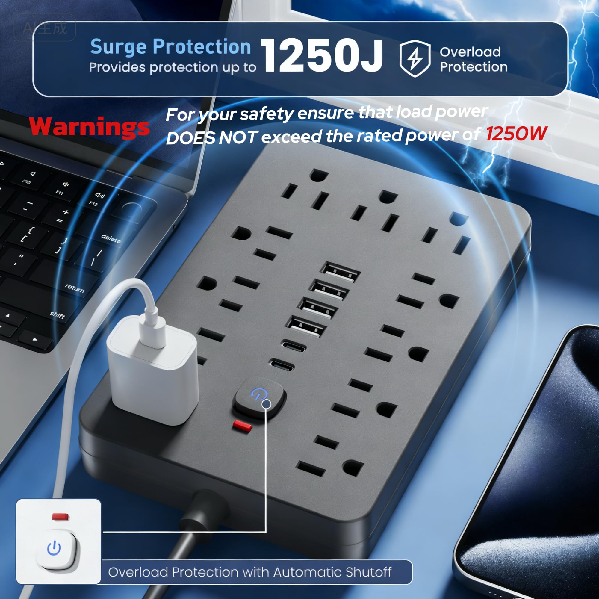 JouleLoom 6 FT Flat Plug Surge Protector Power Strip,11 Multiple AC Outlets with 6 USB Ports (2 USB C), 6 Feet Extension Cord, 1250W/10A, One Touch Switch Button, 17 in 1 Compact powerstrip - Something DifferentJouleLoomB0D3Y38XHN